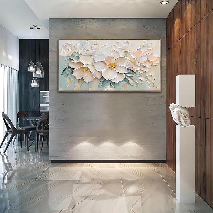 Anolyfi White Textured Flowers Canvas Wall Art for Living Room, Modern Aesthetic Abstract Sage Pink Florals Picture Painting, Large Artwork for Hallway Bedroom Office Home Decor, Wood Framed 40"x20"