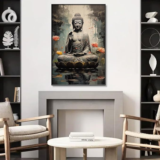 Buddha Wall Art, Buddha with Lotus Flower Canvas Wall Art, Zen Canvas Painting, Spiritual Picture Print Decor, Meditation Print Decor, Yoga Room, Living Room Hangings (Black Framed, 24"x36"| 61x91cm)