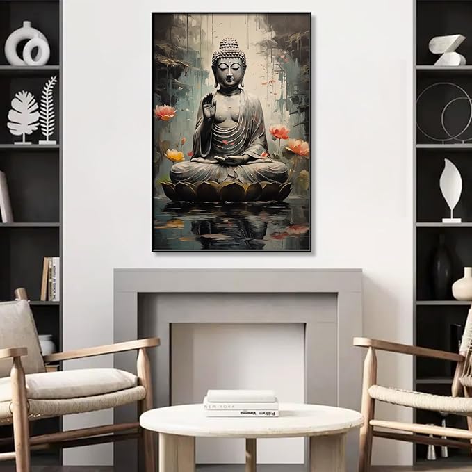 Buddha Wall Art, Buddha with Lotus Flower Canvas Wall Art, Zen Canvas Painting, Spiritual Picture Print Decor, Meditation Print Decor, Yoga Room, Living Room Hangings (Gold Framed, 32"x48"| 82x122cm)