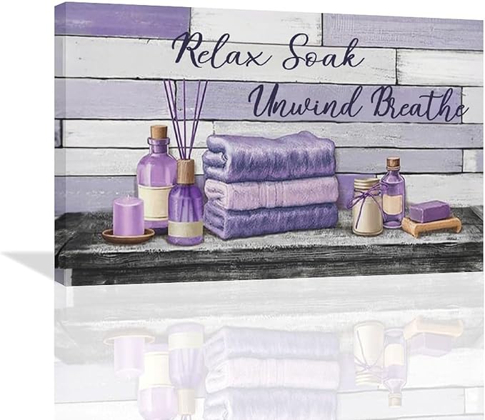 Farmhouse Bathroom Wall Art Relax Soak Unwind Breathe Wall Decor Rustic Bathroom Pictures Canvas Painting Framed Artwork Purple Country Home Decorations for Toilet Lavatory 24"x16"