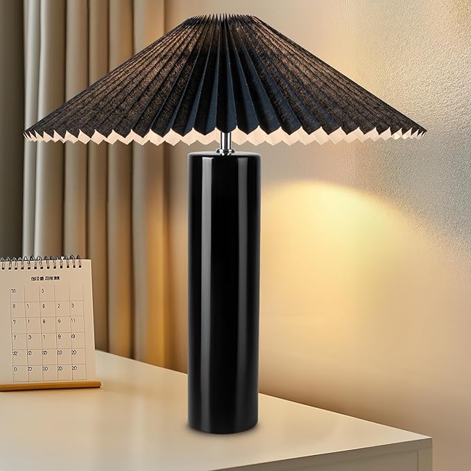 Elegant 45° Rotatable Ceramic Table Lamp (A15 Bulb Included), Pleated Flexible Light, Angle Control for Home, Office, Bedroom Decor - Modern Stylish Desk Lamp, Black