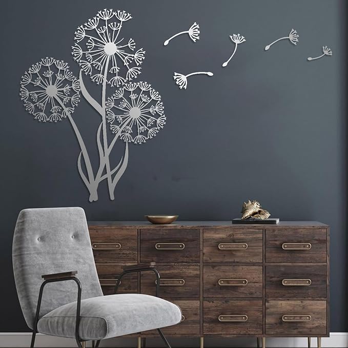 Metal Dandelion Wall Decor, Abstract Flower Wall Decor, Minimalist Dandelion Modern Abstract Wall Sculpture Hangings, Abstract Flower Wall Decor, Home Decoration for Living Room Bedroom Bathroom Kitchen, Metal Dandelion Wall Art (35”x27”|90x68cm, Siler)