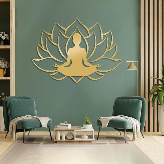 Veplsur Lotus Flower Decor, Metal Zen Wall Art, Yoga Zen Sign Decorative, Yoga Decor, Lotus Wall Hanging, Meditation Wall Art, Symmetry Art, Yoga Studio Decor, Home Decor (Gold, 19"x13"|47x34cm)
