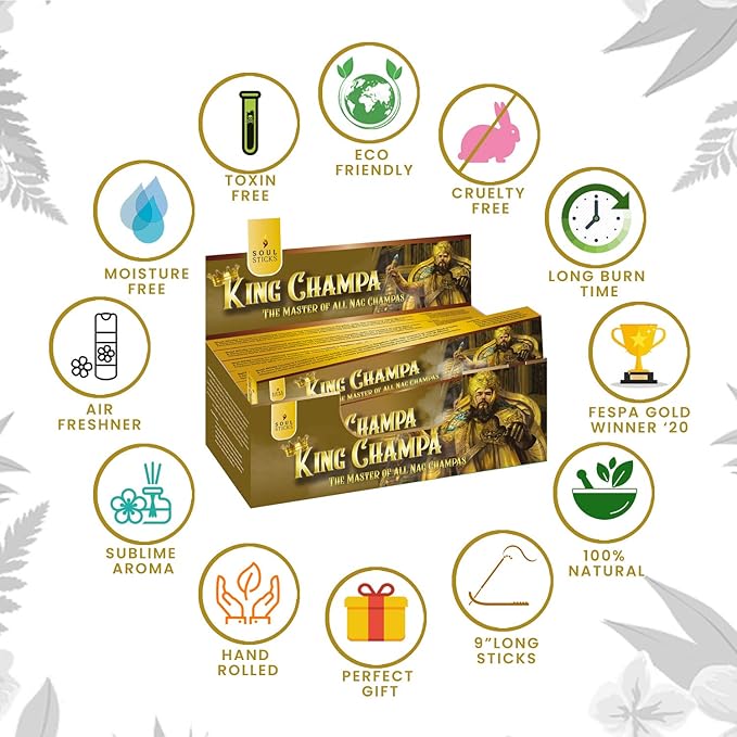 SOUL STICKS Hand-Rolled Incense Sticks Divine Spirit Blends 180 Gram Box | 100% Natural Masala Incense Organic Home Fragrance Agarbatti (King Champa)