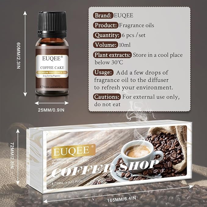 6PCS Coffee Fragrance Oil Set(10ml), Premium Fragrance Essential Oils Set for Candle Making, Diffuser-Coffee, Chocolate, Cake, Coconut Cream, Coconut & Vanilla