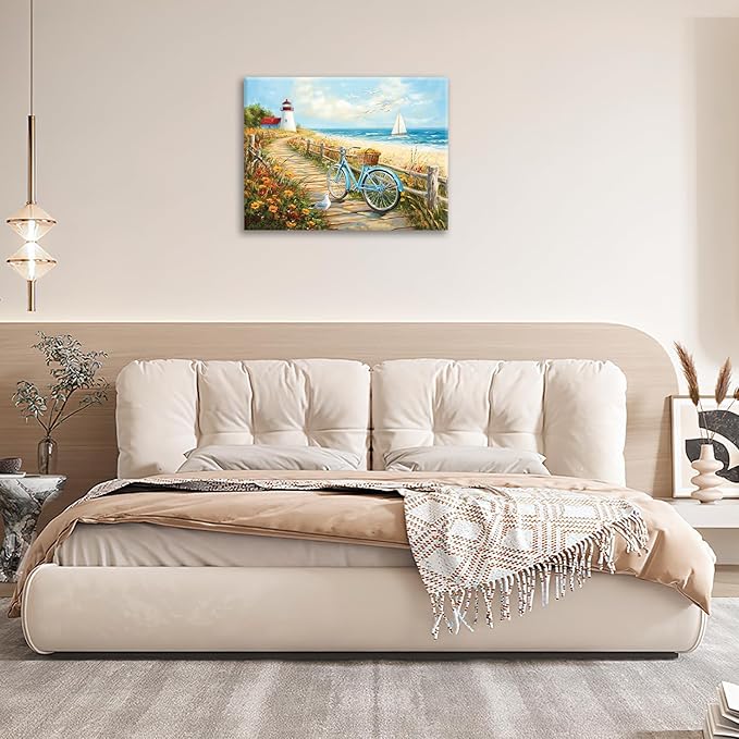 Olivine Coastal Wall Art, Beach Bicycle Pictures Wall Decor, Lighthouse Painting, Ocean Seascape Canvas Prints, Framed Artwork for Living Room Bedroom Bathroom Kitchen Office Home Decoration 16"x12"