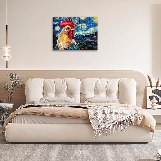 Olivine Rooster Wall Art, Vintage Chicken Pictures Wall Decor, Starry Night Painting Farmhouse Rooster Canvas Prints, Framed Artwork for Bathroom Bedroom Living Room Office Home Decoration 24"x20"