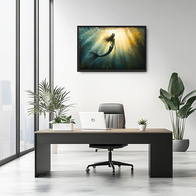 Olivine Mermaid Wall Art, Ocean Pictures Wall Decor, Coastal Painting, Marine Life Canvas Prints, Framed Artwork for Bathroom Bedroom Living Room Office Home Decoration 36"x24"