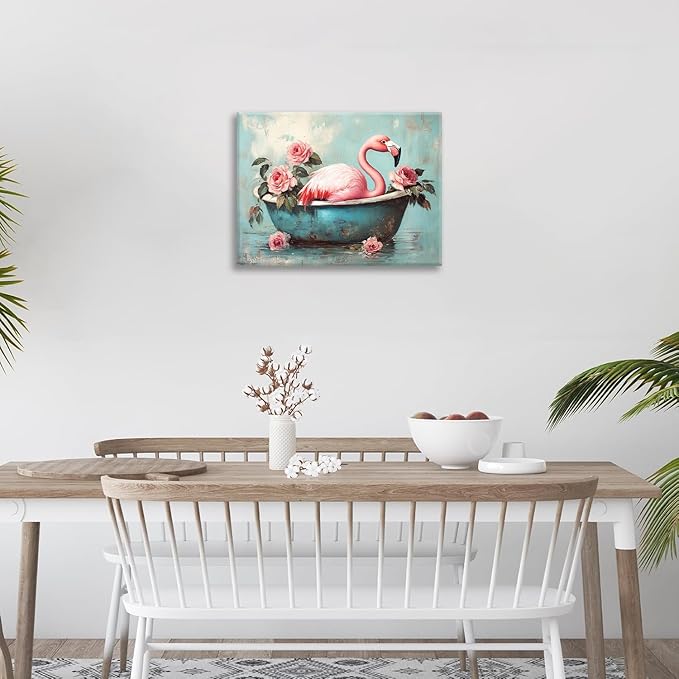 Olivine Flamingo Wall Art, Funny Animal Bathtub Pictures Wall Decor, Vintage Flamingo Bathroom Painting Tropical Animal Canvas Prints, Framed Artwork for Bedroom Living Room Office Home 24"x20"