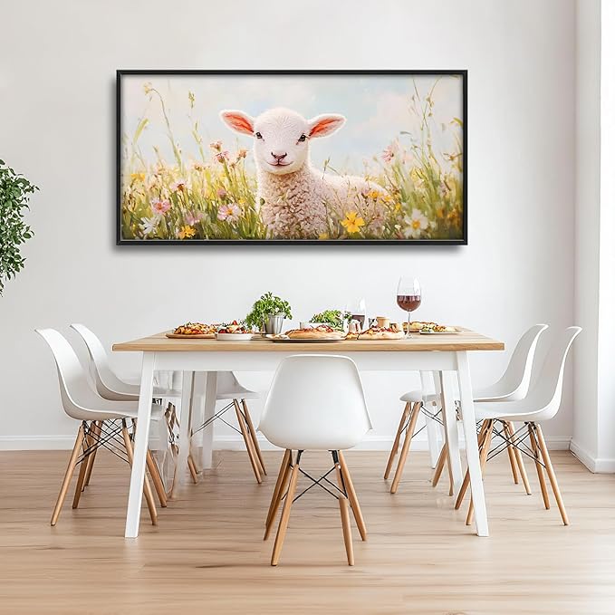 Kylora Lamb Wall Art Sheep Pictures Wall Decor Flower Field Large Master Over Above Bed Canvas Christian Prints Horizontal Modern Artwork Painting Home Office Decorations For Kitchen Bedroom 30"x60"
