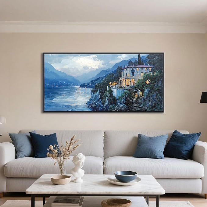 QZQCBLC Large Canvas Wall Art, Blue Mountains Lake Houses Green Trees Landscape Framed Oil Paintings Artwork for Living room Bedroom Home Kitchen Office Wall Pictures Decor 24x48 IN