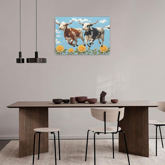 Longhorn Wall Decor Funny Cow Canvas Wall Art Cute Cattle Pictures Painting Artwork Framed Decoration for Bedroom Bathroom Living Room Kitchen Dining Room Office 16"x24"