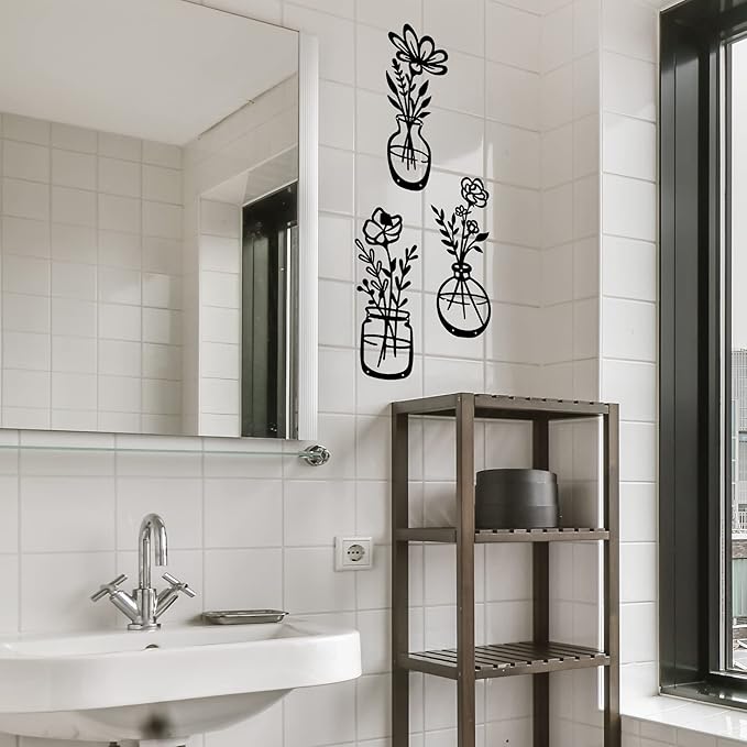 3 Pieces Black Metal Flowers Wall Decor Stocking Stuffers for Women Christmas Birthday Gifts for Women Wall Art Metal Wall Sculptures Hanging for Indoor Kitchen Bathroom Bedroom living room,14.56x5.9 inches