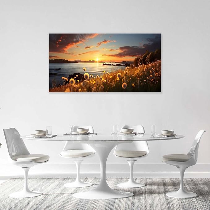 Dandelion Painting Wall Art Dandelion Landscape Pictures Wall Decor Flower Sunset Large Canvas Prints Modern Framed Artwork Home Decorations Above Bed for Living Room Dining Room Bedroom 60"x30"