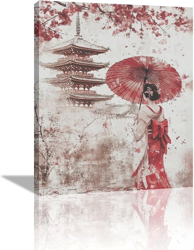 Japan Wall Art Japanese Geisha Wall Decor Cherry Blossoms Farmhouse Japan Pictures Canvas Painting Artwork Home Decorations for Living Room Bedroom Bathroom Office Classroom 20"x24"