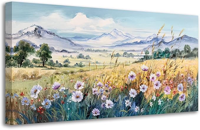 Anolyfi Rustic Farmhouse Canvas Wall Art Large Abstract Wildflower Landscape Painting Florals Mountain Picture, Textured Artwork Framed for Living Room Bedroom Bathroom Office Home Decor 40"x20"