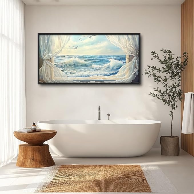 Beach Seagull Wall Art for Living Room, Large Coastal Canvas Wall Decor, Window Curtains Pictures Framed Painting, Landscape Artwork for Bedroom Office Home Decor 60L'' × 30W''