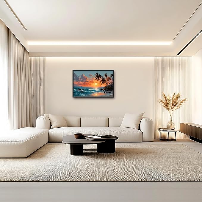 Glocmna Large Wall Art for Living Room Beach Sunset Ocean Waves Wall Decor Tropical Coastal Palm Trees Scenery Canvas Big Seascape Pictures Painting Print Framed Artwork Decorations Gifts for Bedroom Home Office Hotel 24"x36"