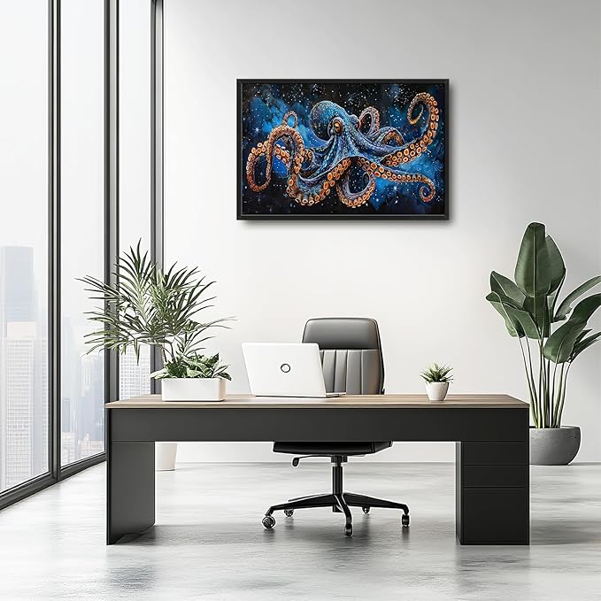 Octopus Wall Art Blue Space Octopus Pictures Wall Decor Galaxy Canvas Prints Framed Artwork Paintings Coastal Home Office Decorations for Living Room Bedroom Dinning Room 36"x24"