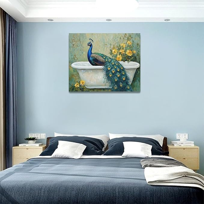 Fleruku Vintage Peacock Wall Art Elegance Bathroom Wall Decor Green Peacock Pictures Canvas Painting Artwork Home Decorations for Living Room Bedroom Office 20"x16"