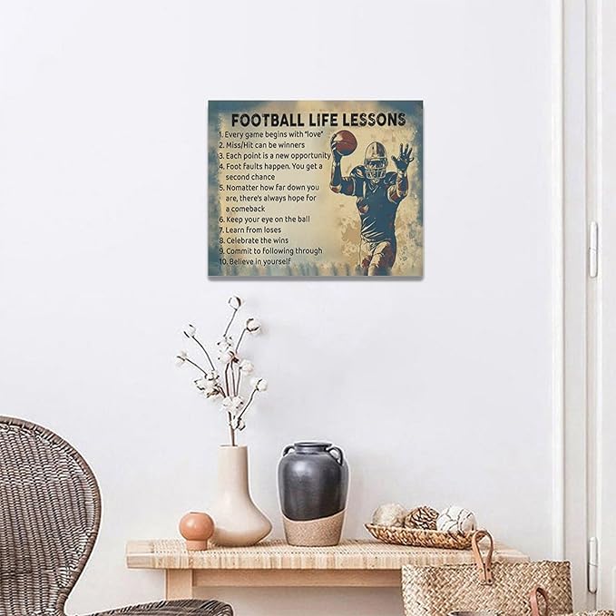 Farmhouse Football Wall Art For Boy Room Rustic Football Life Lessons Wall Decor Retro Football Sign Canvas Painting Artwork Home Decorations for Man Teenager Office Bedroom Living Room 20"x16"