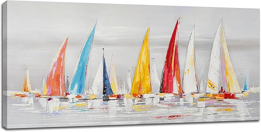 Sailboat Wall Art Nautical Pictures Wall Decor Abstract Coastal Colorful Large Canvas Prints Painting Modern Framed Artwork Above Bed for Living Room Dining Room Bathroom Office 60"x30"