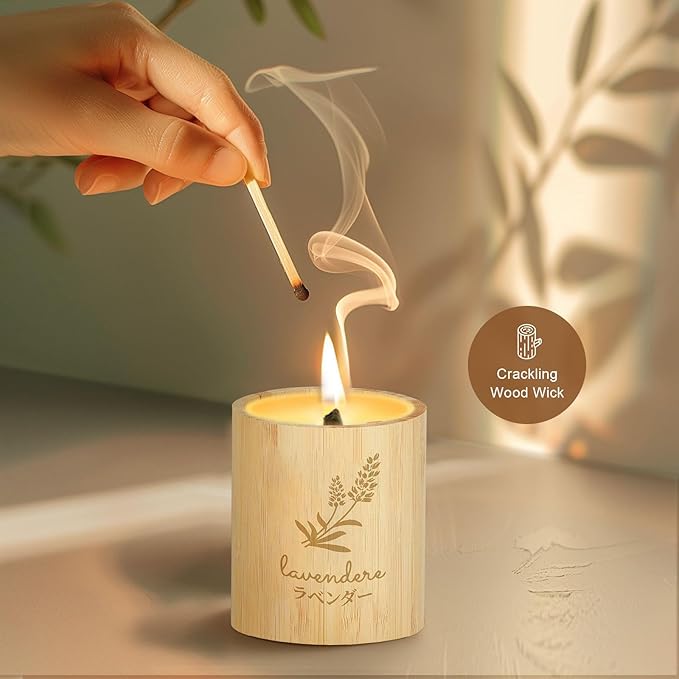Wood Wick Candles That Crackle - Lavender Candle in Natural Bamboo Jar, Candles for Home Scented, 100% Soy Wax, 60-Hour Burn, Plant-Based Fragrance, Birthday Gifts for Women, 11 oz