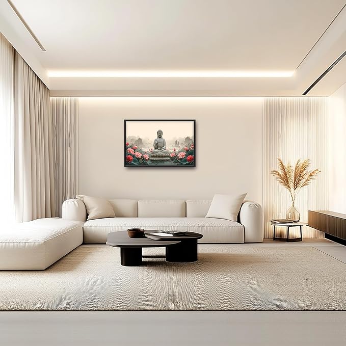 Glocmna Large Buddha Wall Art for Living Room Zen Buddha Lotus Canvas Wall Decor Big Meditation Pictures Painting Print Framed Artwork Decorations Gifts for Bedroom Home Spa Yoga Room Office Hotel 24"x36"