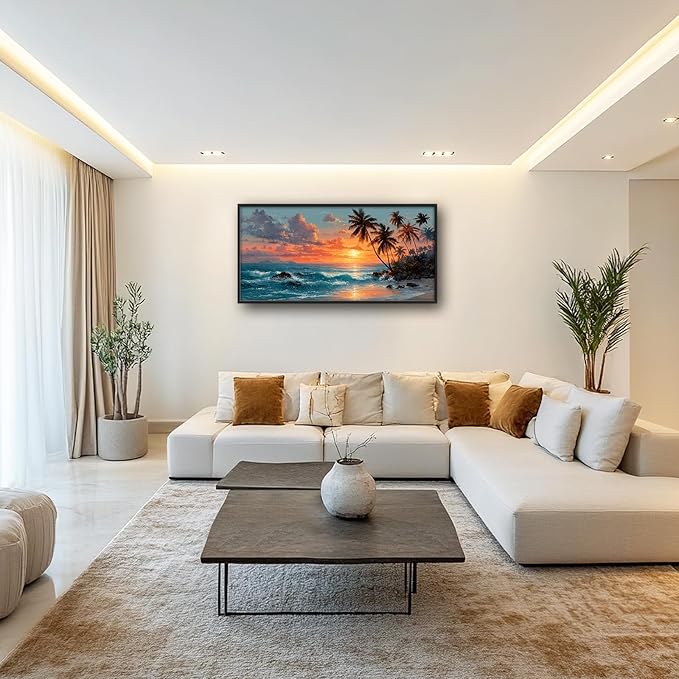 Glocmna Large Wall Art for Living Room Beach Sunset Ocean Waves Wall Decor Tropical Coastal Palm Trees Scenery Canvas Big Seascape Pictures Painting Print Framed Artwork Decorations Gifts for Bedroom Home Office Hotel 30"x60"