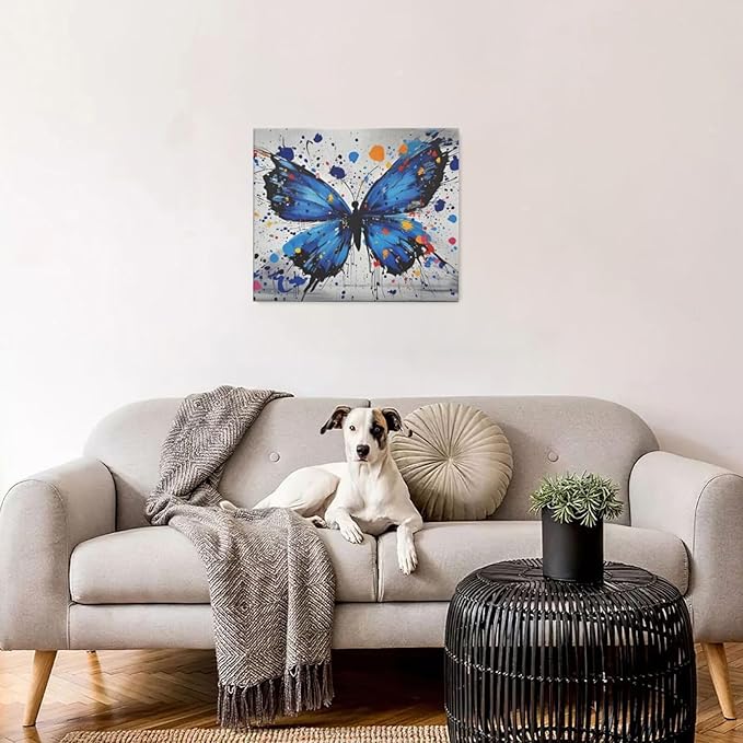 Banksy Butterfly Wall Art Blue Butterfly Street Art Graffiti Wall Decor Pictures Painting Canvas Artwork Framed Decoration Gifts for Women Girl Living Room Bedroom Office 20"x24"