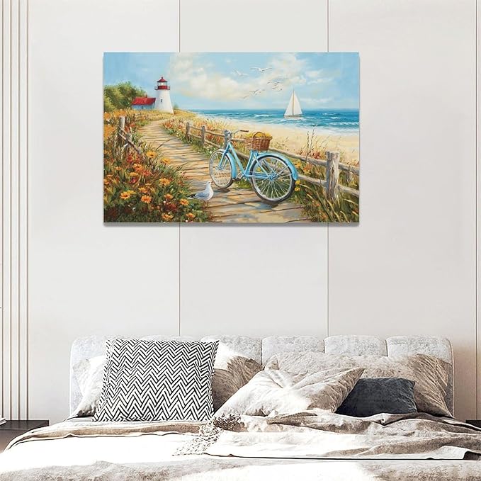 Olivine Coastal Wall Art, Beach Bicycle Pictures Wall Decor, Lighthouse Painting, Ocean Seascape Canvas Prints, Framed Artwork for Living Room Bedroom Bathroom Kitchen Office Home Decoration 24"x16"