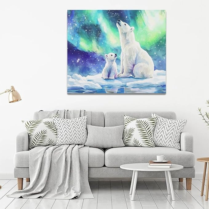 Olivine Polar Bear Wall Art, Northern Lights Pictures Wall Decor,Watercolor Polar Landscape Canvas Prints Paintings, Framed Artwork for Bathroom Bedroom Living Room Office Home Decoration 24"x20"
