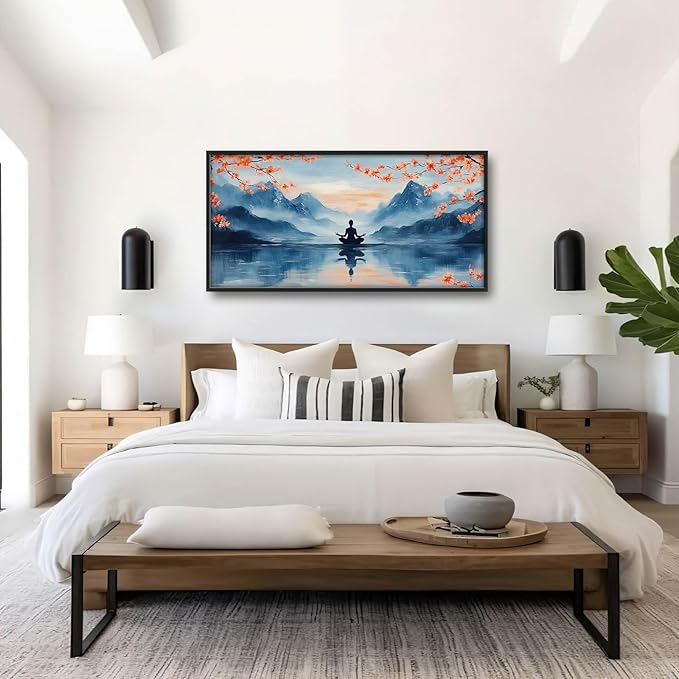 Zen Large Wall Art Buddha Lake Pictures Wall Decor Cherry Blossom Canvas Landscape Meditation Print Painting Modern Artwork Home Decoration for Yoga Spa Living Room Bathroom Bedroom Office Framed 60"x30"
