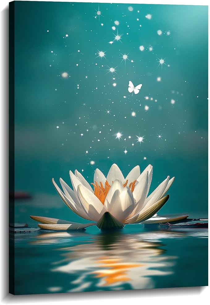 Lotus Canvas Wall Art Zen Wall Decor Teal Posters White Lotus on Water Picture Meditation Spiritual Art for Bathroom Living Room Home Office Decor Framed(Art-7,16.00x24.00 inch)