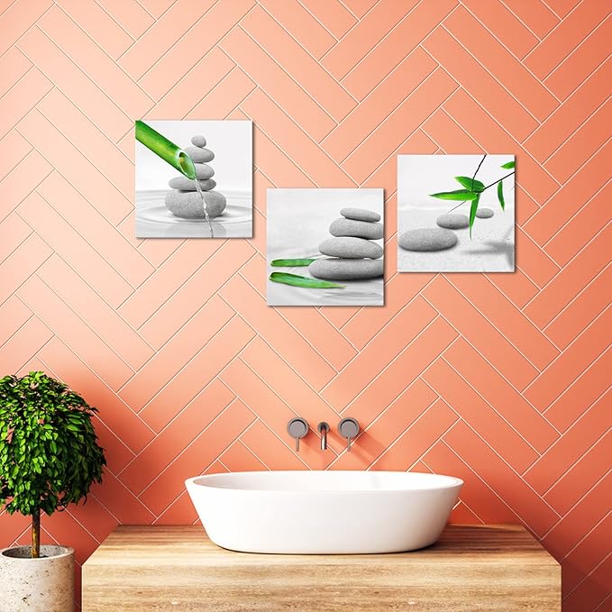 Biuteawal 3 Piece Zen Decor Bathroom Wall Art Spa Still Life With Green Bamboo Pictures Grey Stone Painting Prints Modern Canvas Artwork Spa Meditation Yoga Room Home Bedroom Decoration