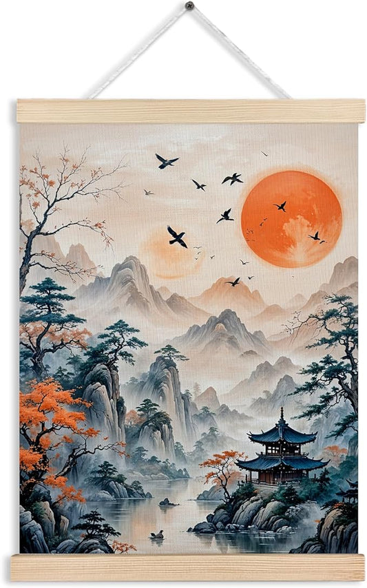 FITIE Traditional Japanese Oriental Sun Mountain Canvas Wall Art Poster Hanger Frames, Japandi Home Decor, Retro Asian Nature Landscape Wall Decor Prints for Home Living Room Zen Yoga Meditation Room, 12x16 Inch