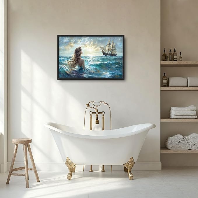 Mermaid Large Wall Art Ocean Mermaid Boat Pictures Wall Decor Nautical Canvas Seascape Print Painting Modern Artwork Home Decoration for Living Room Bathroom Bedroom Office Framed 36"x24"
