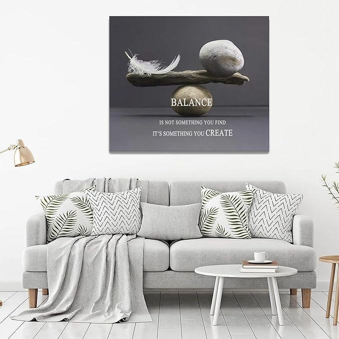 Zen Stone Wall Art Meditation Spiritual Wall Decor Inspirational Balance Feather Pictures Canvas Prints Framed Home Decorations Painting Artwork for Living Room Bedroom Office Bathroom 24"x20"