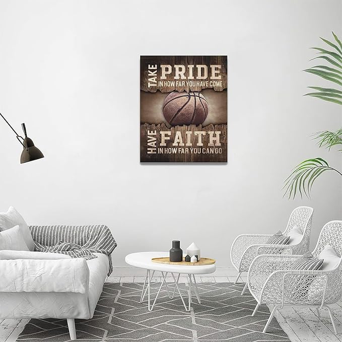 Fleruku Rustic Basketball Wall Art Sports Wall Decor Inspirational Quotes Brown Pictures Basketball Sign Canvas Painting Artwork Home Decorations For Boy Man Teenager Fans Bedroom Living Room 16"x20"