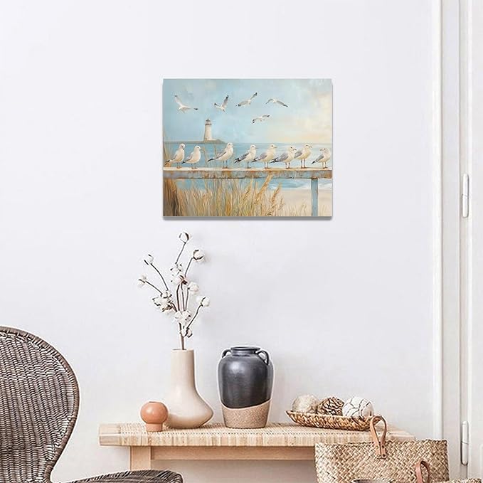 Olivine Beach Wall Art, Coastal Seagull Lighthouse Bathroom Pictures, Nautical Canvas Prints Painting for Living Room Bedroom Dinning Room Kitchen 20x16 Inch Framed