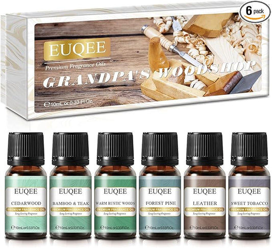 Fragrance Oils Gift Set Premium Woody Scented Oil - Forest Pine, Warm Rustic Woods, Bamboo & Teak, Cedarwood, Leather, Sweet Tobacc(Honeyed Haze), for Diffuser, Soap Making, Candle - 6x10ml