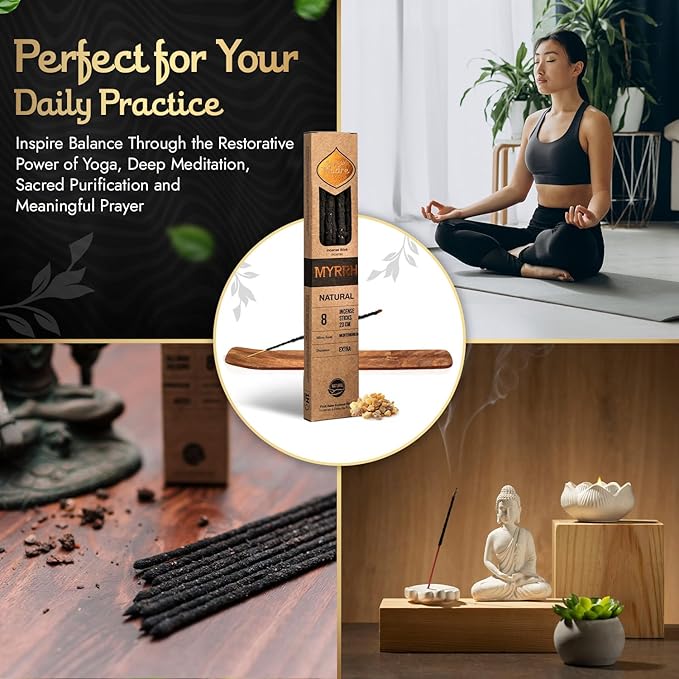 8 Natural Myrrh Incense Sticks, (9" Each) - Handmade with Myrrh Resin Organic, Natural Carbon & Salt for Purification, Healing & Space Cleansing Aromatherapy - 1 Hour Burn Time