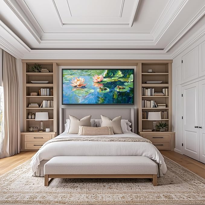 SweetFox Extra Large Frog Lilly Framed Wall Art for Living Room, Colorful Lotus Pictures Oversized Wall Decor Abstract Big Canvas Painting Print Home Artworks for Bathroom Master Bedroom 60L X 30W