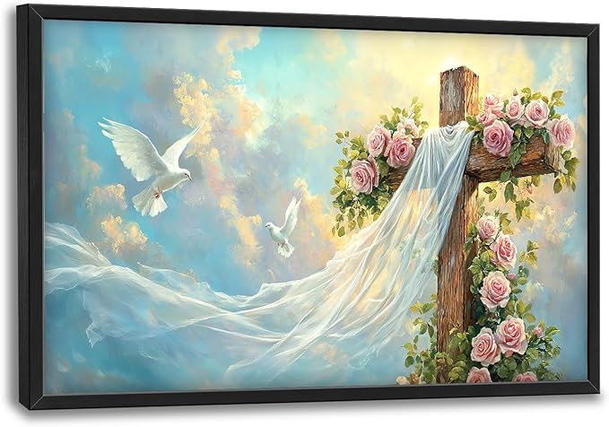 Cross Jesus Wall Art Large Christian Religious Pictures Wall Decor Rose Dove Big Canvas Painting Prints Framed Artwork Home Church Decorations Above Bed for Prayer Bedroom Living Room Dining Room 36"x24"