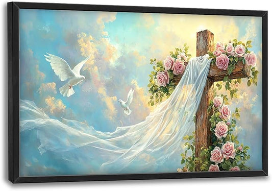 Cross Jesus Wall Art Large Christian Religious Pictures Wall Decor Rose Dove Big Canvas Painting Prints Framed Artwork Home Church Decorations Above Bed for Prayer Bedroom Living Room Dining Room 36"x24"