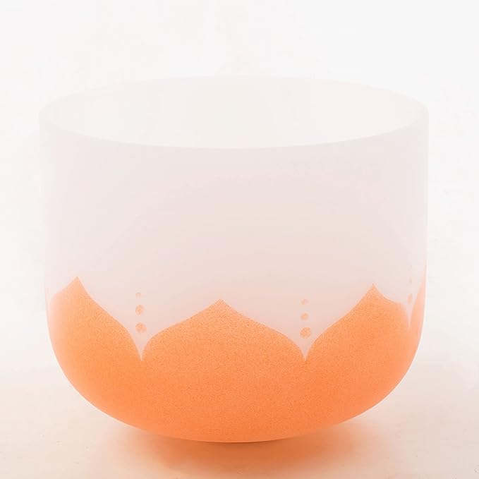 Leize Quartz Crystal Singing Bowl 432hz D Note Sacral Chakra Navel Chakra Orange Lotus Design 11" Wide with Suede Striker