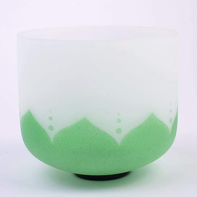 Leize Quartz Crystal Singing Bowl F Note 432 hz Heart Chakra Green Lotus Design 9" Wide with Suede Striker