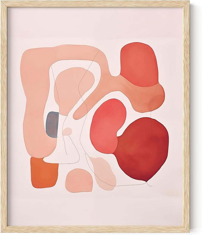HAUS AND HUES Colorful Abstract Wall Art - Minimalist Retro Picture for Living Room Decor, Red and Pink Modern Wall Art Painting (Pink Abstract Shapes, Beige Frame, 8x10)