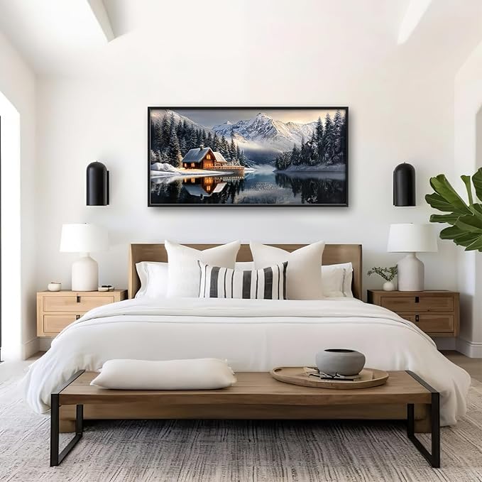 Winter Large Wall Art Mountain Lake Log Cabin Nature Pictures Wall Decor Landscape Canvas Prints Paintings Home Office Decorations Above Bed Framed Artwork for Living Room Dinning Room 60"x30"