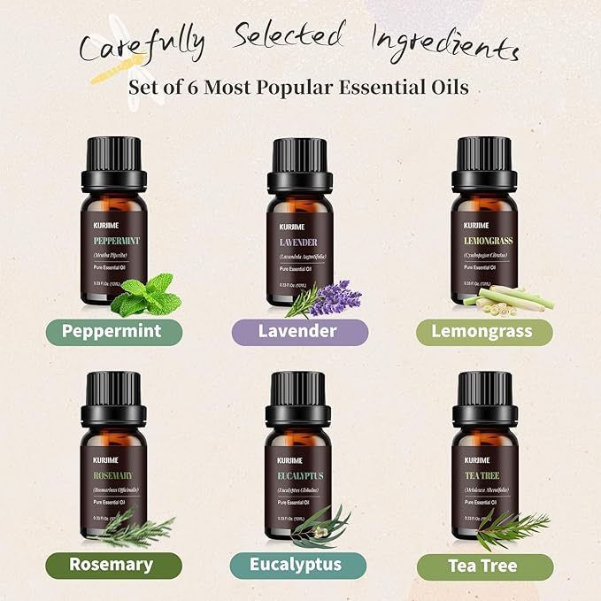 Essential Oil Set -Natural Essential Oils for Diffuser for Home, Top 6 Aromatherapy Diffuser Oils Scents, Candle Making Scents -Peppermint, Lavender, Eucalyptus, Lemongrass, Rosemary, Tea Tree (10ml)